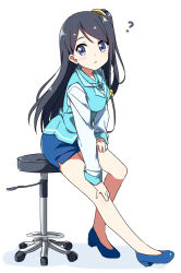 Rule 34 | 1girl, :o, ?, bare legs, black hair, blue eyes, blue footwear, blue skirt, blue vest, blush, breasts, commentary request, full body, hair ornament, hand on leg, hand on own knee, hatsunatsu, high heels, krt girls, long hair, long sleeves, looking at viewer, looking to the side, medium breasts, one side up, parted lips, pencil skirt, pumps, shirt, shoes, simple background, sitting, skirt, solo, stool, uniform, vest, white background, white shirt, xiao qiong
