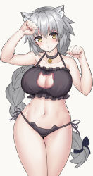 Rule 34 | 1girl, animal ear fluff, animal ears, arm up, bad id, bad pixiv id, bare arms, bare shoulders, bell, black bra, black choker, black panties, black ribbon, blush, bra, braid, breasts, brown eyes, cat ear panties, cat ears, cat lingerie, choker, cleavage, cleavage cutout, closed mouth, clothing cutout, collarbone, fate/grand order, fate (series), frilled bra, frills, grey hair, hair ribbon, hand up, highres, jeanne d&#039;arc (fate), jeanne d&#039;arc alter (avenger) (fate), jeanne d&#039;arc alter (fate), jingle bell, kemonomimi mode, large breasts, long hair, looking at viewer, mahou kyuuri, meme attire, navel, neck bell, panties, paw pose, ribbon, side-tie panties, simple background, single braid, solo, stomach, underwear, very long hair, white background
