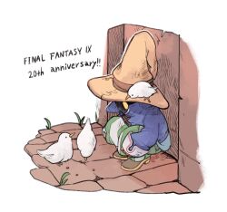 Rule 34 | 1boy, against wall, animal, animal on head, bird, bird on head, blue shirt, brown footwear, brown gloves, brown hat, child, cobblestone, final fantasy, final fantasy ix, gloves, grass, hat, highres, long sleeves, male focus, on head, outdoors, pants, pinstripe pants, pinstripe pattern, shirt, shoes, solo, squatting, striped, tasituma2, vivi ornitier, wall, white bird, witch hat, yellow eyes