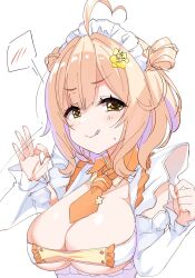 Rule 34 | 1girl, :q, ahoge, anto mel, apron, aria (koiiroharemoyou), blush, breasts, cleavage, clenched hand, closed mouth, commentary request, detached sleeves, double bun, eyelashes, fellatio gesture, flower, green eyes, hair between eyes, hair bun, hair flower, hair ornament, hands up, heart, heart-shaped pupils, heart ahoge, highres, indie virtual youtuber, large breasts, looking at viewer, maid, maid apron, maid headdress, medium hair, motion lines, naughty face, necktie, orange hair, orange necktie, short necktie, shy, simple background, sketch, sleeves past wrists, smile, solo, spoken blush, sweatdrop, symbol-shaped pupils, tongue, tongue out, two side up, upper body, v-shaped eyebrows, virtual youtuber, white background, yellow flower