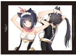 Rule 34 | 2girls, absurdres, animal ears, armpits, bare shoulders, black hair, blue eyes, bow, breasts, cat ears, cleavage, guilty princess, hair ornament, highres, long hair, looking at viewer, maid headdress, medium breasts, multiple girls, non-web source, puffy short sleeves, puffy sleeves, scan, shiny skin, short hair, short sleeves, simple background, smile, strapless, tony taka, upper body, white background, wrist cuffs