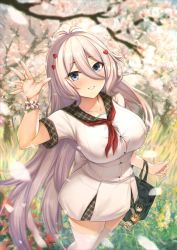 Rule 34 | 1girl, aged up, ahoge, alternate breast size, antenna hair, bag, blue eyes, blush, branch, breasts, button gap, character request, cherry blossoms, collarbone, commentary request, flower, from above, grin, hair between eyes, hair ornament, hairclip, highres, jewelry, kannko bokujou, kokkoro (princess connect!), kokkoro (real) (princess connect!), large breasts, long hair, looking at viewer, miniskirt, natsume kokkoro (princess connect!), outdoors, princess connect!, ring, school bag, school uniform, serafuku, short sleeves, silver hair, skirt, smile, solo, thighhighs, thighs, very long hair, white thighhighs