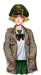 Rule 34 | 1girl, black bow, black bowtie, blonde hair, blouse, bow, bowtie, brown eyes, brown jacket, closed mouth, commentary, cowboy shot, cropped torso, diestro, erwin (girls und panzer), girls und panzer, green skirt, half-closed eyes, hands in pockets, hat, highres, jacket, long sleeves, looking at viewer, military hat, military jacket, miniskirt, ooarai school uniform, open clothes, open jacket, peaked cap, pleated skirt, pointy hair, school uniform, serafuku, shirt, short hair, simple background, skirt, smile, solo, standing, white background, white shirt