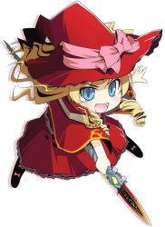 Rule 34 | 1girl, :d, atlus, bad id, bad pixiv id, bakutendou, blonde hair, blue eyes, boots, bow, capelet, chibi, doctor magus, drill hair, etrian odyssey, fighting stance, frills, full body, gem, hat, long hair, looking at viewer, open mouth, outstretched arm, pink bow, polearm, shadow, sidelocks, simple background, slit pupils, smile, solo, spear, spread legs, staff, twin drills, twintails, wavy hair, weapon, witch hat