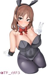 Rule 34 | 1girl, alternate costume, animal ears, bare shoulders, black leotard, blush, bow, bowtie, breasts, brown eyes, brown hair, brown pantyhose, chiyoda (kancolle), cleavage, covered navel, detached collar, fake animal ears, gloves, highleg, highleg leotard, highres, kantai collection, large breasts, leotard, looking at viewer, looking back, pantyhose, playboy bunny, rabbit ears, rabbit tail, short hair, sitting, smile, solo, strapless, strapless leotard, tail, tf cafe, traditional bowtie, v, white gloves, wrist cuffs