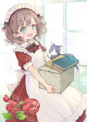 Rule 34 | 1girl, absurdres, animal, apron, back bow, blue eyes, blush stickers, book, bow, box, brooch, brown hair, cat, day, dress, flower, hacosumi, hair rings, highres, holding, holding box, indoors, jewelry, lace, light, looking at viewer, maid, maid headdress, medium hair, neck ribbon, open mouth, original, puffy short sleeves, puffy sleeves, ribbon, rose, short sleeves, smile, solo, two side up, uniform, v-shaped eyebrows, window