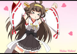 Rule 34 | &gt; &lt;, 10s, 1girl, :3, > <, ahoge, armpits, arms up, bare shoulders, black skirt, brown hair, clenched hands, closed eyes, cowboy shot, detached sleeves, gradient background, headgear, kantai collection, kongou (kancolle), letterboxed, long hair, long sleeves, nontraditional miko, pleated skirt, pout, ribbon-trimmed sleeves, ribbon trim, skirt, solo, standing, stolas (lemegeton), x3