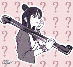 Rule 34 | 1girl, ?, ace attorney, closed mouth, cropped torso, eyelashes, hair bun, holding industrial pipe, japanese clothes, lead pipe, long hair, looking ahead, magatama, maya fey, monochrome, outline, rat nkmi, solo, twitter username, white outline, wide sleeves