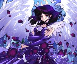 artist_name bare_shoulders bishoujo_senshi_sailor_moon choker circlet collarbone commentary crescent detached_sleeves dress earrings english_commentary feathered_wings feathers flower highres jewelry looking_at_viewer mroczniak_(gloomy_chuu) nail_polish night petals purple_choker purple_dress purple_eyes purple_hair ring rose rose_petals tomoe_hotaru white_feathers white_wings wings