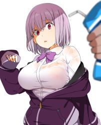 Rule 34 | 10s, 1girl, bebebe (pepegakii), blush, bow, bowtie, breasts, constricted pupils, drinking straw, gridman universe, highres, jacket, large breasts, light purple hair, off shoulder, open mouth, purple jacket, red eyes, shinjou akane, shirt, short hair, simple background, sleeves past wrists, solo focus, ssss.gridman, wet, wet clothes, wet shirt, white background, zipper