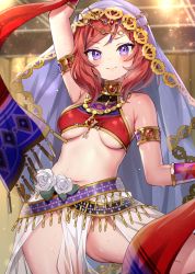 Rule 34 | 1girl, arm up, armlet, ayaoshiro, bare shoulders, blurry, blurry background, blush, breasts, closed mouth, covered erect nipples, cowboy shot, crop top, dancer, highres, indoors, looking at viewer, love live!, love live! school idol project, medium breasts, medium hair, midriff, navel, nishikino maki, no panties, pelvic curtain, purple eyes, red hair, see-through, smile, solo, standing, sweat, thighs, underboob, veil