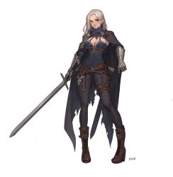 Rule 34 | 1girl, armor, boots, cape, dpin (user adhr8855), european clothes, highres, holding, holding sword, holding weapon, long hair, original, pauldrons, shoulder armor, signature, simple background, single pauldron, sword, vambraces, weapon, white background, white hair