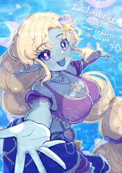 Rule 34 | 1girl, artist name, blonde hair, blue skin, bra, braid, breasts, colored skin, english text, highres, indie virtual youtuber, jewelry, jimblee, large breasts, long hair, looking at viewer, necklace, open mouth, pearl hair ornament, pointy ears, purple bra, purple eyes, shell hair ornament, solo, star (symbol), star necklace, starfish hair ornament, teeth, touko e, underwater, underwear, upper teeth only, very long hair
