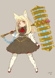 Rule 34 | 1girl, animal ears, belt, blonde hair, closed mouth, dated, dress, full body, gloves, hammer, highres, jewelry, long hair, looking at viewer, mota, original, simple background, skirt, solo, weapon