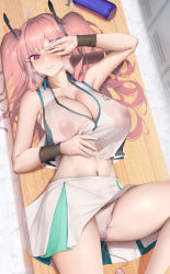 Rule 34 | 1girl, arm under breasts, azur lane, bare shoulders, bench, blurry, blush, bottle, breasts, bremerton (azur lane), bremerton (scorching-hot training) (azur lane), cleavage, collarbone, commentary request, cowboy shot, crop top, crop top overhang, depth of field, fouriasensei, green skirt, grey hair, groin, hair between eyes, hair intakes, hair ornament, hairclip, hand on own face, highres, large breasts, locker, long hair, looking at viewer, lying, midriff, mole, mole under eye, multicolored hair, nail polish, navel, no bra, nose blush, on back, on bench, panties, pink eyes, pink hair, pink nails, see-through, sex toy, shadow, shirt, sidelocks, skirt, sleeveless, sleeveless shirt, smile, solo, sportswear, streaked hair, sweat, tennis uniform, twintails, twitter username, two-tone hair, two-tone shirt, two-tone skirt, underwear, vibrator, vibrator under clothes, vibrator under panties, water bottle, wet, wet clothes, wet panties, wet shirt, white panties, white shirt, white skirt, wristband, x hair ornament