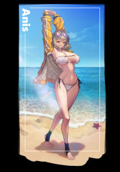 Rule 34 | 1girl, absurdres, anis (nikke), anis (sparkling summer) (nikke), armpits, arms up, beach, bikini, blush, breasts, brown hair, character name, covered erect nipples, eyepatch bikini, eyewear on head, feet, framed, full body, goddess of victory: nikke, highres, jacket, jerry63, large breasts, legs, linea alba, looking at viewer, navel, no shoes, official alternate costume, open clothes, open jacket, outdoors, outstretched arms, own hands together, side-tie bikini bottom, solo, starfish, stirrup legwear, stomach, stretching, swimsuit, tinted eyewear, toeless legwear, toenails, toes, white bikini, yellow jacket