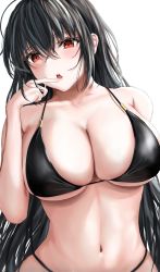 Rule 34 | 1girl, absurdres, azur lane, bikini, black bikini, black hair, blush, breasts, cleavage, collarbone, finger to mouth, hair down, highres, large breasts, long hair, looking at viewer, navel, red eyes, sherlock hime, simple background, solo, swimsuit, taihou (azur lane), upper body, very long hair, white background