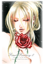 Rule 34 | 1990s (style), 1girl, blonde hair, copyright name, earrings, closed eyes, final fantasy, final fantasy viii, flower, jewelry, long hair, nail polish, nude, plant, quistis trepe, red flower, red nails, red rose, rose, solo, zin amami