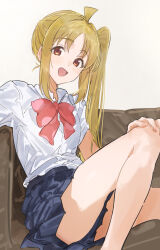 Rule 34 | 1girl, 72megg, :d, absurdres, ahoge, bare legs, blonde hair, blue skirt, blush, bocchi the rock!, bow, bowtie, brown eyes, commentary, hand on own knee, highres, ijichi nijika, long hair, looking at viewer, open mouth, pleated skirt, polka dot, polka dot bow, red bow, red bowtie, shirt, short sleeves, side ponytail, simple background, sitting, skirt, smile, solo, white background, white shirt