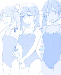 Rule 34 | 10s, 3girls, ahoge, akebono (kancolle), bell, blue theme, breast conscious, breasts, collarbone, competition school swimsuit, flat chest, flower, hair bell, hair bobbles, hair flower, hair ornament, himura kiseki, jingle bell, kantai collection, large breasts, long hair, monochrome, multiple girls, one-piece swimsuit, open mouth, sazanami (kancolle), school swimsuit, short hair, simple background, smile, swimsuit, twintails, ushio (kancolle), viewfinder, white background