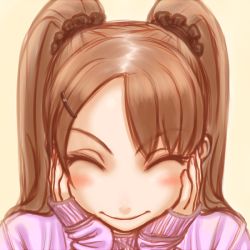 Rule 34 | 1girl, blush, breasts, brown hair, close-up, closed eyes, hands on own face, kamisuki, original, sleeves past wrists, smile, solo, sweater, twintails