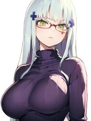 Rule 34 | 1girl, :q, black sweater, blunt bangs, breasts, cross hair ornament, frown, girls&#039; frontline, glasses, green eyes, grey hair, hair ornament, highres, hk416 (girls&#039; frontline), impossible clothes, impossible sweater, large breasts, long hair, long sleeves, looking at viewer, portrait, ribbed sweater, scowl, simple background, solo, sweater, teardrop, teardrop facial mark, teardrop tattoo, tongue, tongue out, turtleneck, turtleneck sweater, v-shaped eyebrows, white background, yu 416416