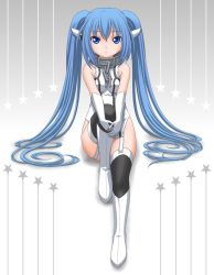 Rule 34 | 1girl, blue eyes, blue hair, boots, chain, collar, garter straps, gloves, hand on own knee, long hair, matching hair/eyes, nymph (sora no otoshimono), robot ears, sitting, solo, sora no otoshimono, t2r, thigh boots, thighhighs, twintails, very long hair