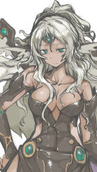 Rule 34 | 1girl, angel, aqua eyes, archangel metatron (p&amp;d), bad id, bad pixiv id, bare shoulders, breasts, dark angel metatron (p&amp;d), dark skin, dark-skinned female, hair ornament, hair ribbon, hand on own hip, highres, large breasts, looking at viewer, metatron (p&amp;d), ponytail, puzzle &amp; dragons, ribbon, silver hair, solo, tan, wings, zutta