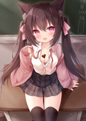 Rule 34 | 1girl, animal ear fluff, animal ears, black thighhighs, blush, bra, bra peek, breasts, brown hair, candy, cardigan, cat ears, cat girl, chalkboard, chocolate, chocolate heart, chocolate on body, chocolate on breasts, classroom, cleavage, commentary, desk, food, food on body, grey skirt, heart, highres, indoors, long hair, looking at viewer, medium breasts, miniskirt, mochizuki riku, on desk, open clothes, open mouth, open shirt, original, pink bra, pink cardigan, pink eyes, plaid, plaid skirt, ribbon, school uniform, shirt, sitting, skirt, smile, solo, thighhighs, thighs, twintails, unbuttoned, unbuttoned shirt, underwear, valentine, very long hair, white shirt