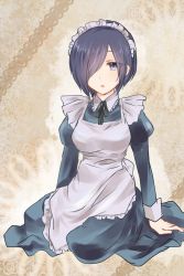 Rule 34 | 1girl, apron, beige background, black neckwear, blue dress, blue eyes, breasts, chii (sbshop), closed mouth, commentary request, dot nose, dress, eyes visible through hair, frown, hair ornament, hair over one eye, hand on ground, kirishima touka, large breasts, looking to the side, maid, maid apron, maid headdress, on ground, purple hair, ribbon, short hair, sitting, solo, tokyo ghoul, white apron