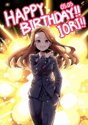 Rule 34 | 1girl, :d, absurdres, black background, black bow, black hairband, blue pants, blue suit, bow, breasts, brown hair, buttons, character name, collared shirt, cowboy shot, dated, dia (yvirus68), english text, explosion, formal, hairband, hand in pocket, happy birthday, highres, holding, holding removed eyewear, idolmaster, idolmaster (classic), long hair, long sleeves, looking at viewer, minase iori, necktie, open mouth, panties, pants, pink eyes, pink necktie, pinstripe pants, pinstripe pattern, pinstripe suit, pocket, shirt, small breasts, smile, solo, standing, striped clothes, striped panties, striped pants, striped suit, suit, sunglasses, teeth, underwear, unworn eyewear, vertical-striped clothes, vertical-striped pants, white shirt, wing collar