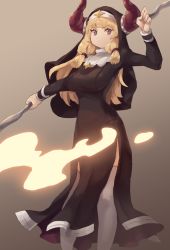 Rule 34 | + +, 1girl, absurdres, black dress, black veil, blonde hair, breasts, closed mouth, demon horns, dress, feet out of frame, grey background, habit, hand up, highres, holding, holding staff, holding weapon, horns, horns through headwear, jewelry, large breasts, long dress, long hair, long sleeves, looking at viewer, necklace, nun, okame nin, original, red eyes, side slit, sidelocks, solo, staff, star (symbol), star necklace, thighhighs, urushia (okame nin), veil, weapon, white thighhighs