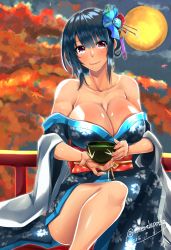 Rule 34 | 10s, 1girl, 2016, alternate costume, alternate hairstyle, autumn leaves, bare shoulders, black hair, blue hair, blue kimono, blush, bowl, breasts, cleavage, collarbone, cup, dated, drink, duralu500, female focus, floral print, full moon, green tea, hair ornament, highres, japanese clothes, kantai collection, kimono, knee up, large breasts, looking at viewer, moon, neck, night, night sky, off shoulder, outdoors, purple eyes, red eyes, shiny skin, short hair, sitting, sky, smile, solo, takao (kancolle), tea, teacup, tree