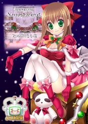 Rule 34 | 1girl, alternate color, bad id, bad pixiv id, blush, boots, bow, breasts, brown hair, christmas, cleavage, creator (ragnarok online), elbow gloves, gloves, green eyes, high heels, large breasts, long hair, minatsuki alumi, ragnarok online, red gloves, santa costume, shoes, sitting, solo, stuffed animal, stuffed toy, teddy bear, thighhighs