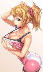 Rule 34 | 10s, 1girl, bike shorts, blue eyes, blush, breasts, brown hair, cleavage, clothes pull, gundam, gundam build fighters, gundam build fighters try, hoshino fumina, looking at viewer, midriff, mouth hold, ponytail, scrunchie, short hair, simple background, solo, sports bra, sports bra pull, sweat, underboob, whistlerx, white background