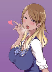 Rule 34 | 1girl, aki (aoirowings), black eyes, blonde hair, blue bow, blue vest, blush, bow, breasts, breath, brown hair, cardigan vest, cleavage, collared shirt, commentary request, dark-skinned female, dark skin, dress shirt, ear piercing, eyes visible through hair, fellatio gesture, gradient background, gradient hair, gyaru, heart, highres, idolmaster, idolmaster shiny colors, izumi mei, large breasts, long hair, long sleeves, looking at viewer, multicolored hair, open mouth, piercing, plaid, plaid bow, purple background, revision, school uniform, shirt, simple background, sleeves rolled up, solo, upper body, vest, white shirt