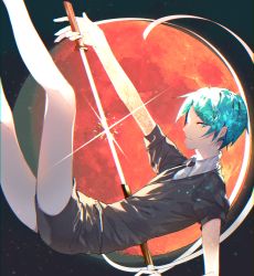 Rule 34 | 1other, androgynous, banned artist, black background, closed mouth, commentary request, crystal hair, from side, gem uniform (houseki no kuni), green eyes, green hair, houseki no kuni, leo (feeling goooood), looking at viewer, necktie, phosphophyllite, sheath, short hair, short sleeves, shorts, solo, sparkle, unsheathing