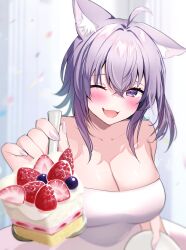 Rule 34 | 1girl, ahoge, animal ear fluff, animal ears, blush, breasts, cat ears, cat girl, dress, fang, fork, highres, holding, holding fork, holding plate, hololive, large breasts, looking at viewer, medium hair, nail polish, nekomata okayu, one eye closed, open mouth, plate, purple eyes, purple hair, purple nails, skin fang, smile, solo, tako 8 yaki, virtual youtuber, white dress