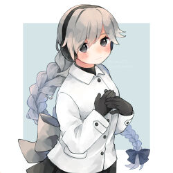 Rule 34 | 1girl, amot 211, back bow, black bow, black eyes, black gloves, black skirt, black undershirt, blush, border, bow, braid, buttons, closed mouth, coat, collared shirt, commentary, cowboy shot, earmuffs, floating hair, gloves, grey background, grey bow, grey hair, hair bow, hands on own chest, highres, long hair, long sleeves, looking at viewer, outside border, own hands together, sekka yufu, shirt, skirt, solo, utau, very long hair, white border, white coat