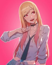 Rule 34 | 1girl, arm at side, artist name, bell, black choker, black necktie, blonde hair, blue skirt, breasts, choker, collarbone, contrapposto, dress shirt, earrings, eyelashes, gradient background, gradient hair, hand on own chest, head tilt, highres, inhoso, instagram logo, jewelry, jingle bell, kitagawa marin, lips, lipstick, long hair, looking to the side, looking up, loose necktie, makeup, medium breasts, midriff, multicolored hair, multiple earrings, nail polish, neck bell, necktie, open mouth, pink background, pink hair, pink nails, pinky ring, plaid, plaid skirt, raised eyebrows, red eyes, ring, shirt, skirt, smile, solo, sono bisque doll wa koi wo suru, swept bangs, tied shirt, twitter logo, upper body, very long hair, white shirt