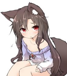 Rule 34 | 1girl, alternate costume, animal ears, bare legs, bare shoulders, blue sweater, blush, brooch, brown hair, commentary, flying sweatdrops, imaizumi kagerou, jewelry, long hair, long sleeves, looking at viewer, natsu no koucha, red eyes, simple background, sitting, sketch, solo, sweatdrop, sweater, tail, touhou, white background, wolf ears, wolf tail