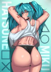 Rule 34 | 1girl, alternate breast size, aqua eyes, aqua hair, arms up, ass, backboob, bare shoulders, black panties, breasts, commentary, from behind, hatsune miku, highres, huge ass, huge breasts, kevbot, long hair, looking at viewer, looking back, panties, parted lips, solo, tank top, tattoo, thick thighs, thighs, twintails, underwear, vocaloid, wedgie, white tank top