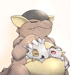 Rule 34 | arm up, blush, bone, brown background, claws, closed mouth, creatures (company), cubone, closed eyes, fang, game freak, gen 1 pokemon, hand on another&#039;s head, hand up, happy, highres, kangaskhan, kashiwa (3920kashiwa), light blush, nintendo, no humans, open mouth, pokemon, pokemon (creature), sad, simple background, skull, smile, standing, tears
