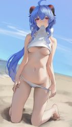Rule 34 | 1girl, absurdres, ahoge, bare arms, barefoot, beach, bikini, bikini pull, blue hair, blush, breasts, clothes lift, clothes pull, crossed bangs, full body, ganyu (genshin impact), genshin impact, gluteal fold, goat horns, groin, highres, horns, kneeling, leviathan (hikinito0902), lifting own clothes, long hair, looking at viewer, low ponytail, medium breasts, mouth hold, navel, ponytail, pulling own clothes, red eyes, sand, shirt lift, sidelocks, sky, solo, stomach, swimsuit, thighs, torso flash, underboob, white bikini