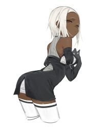 Rule 34 | 1girl, absurdres, amrkdrw, ass, bare shoulders, black dress, black gloves, breasts, closed mouth, cropped legs, dark-skinned female, dark skin, dress, elbow gloves, gloves, half-closed eyes, highres, leaning forward, looking at viewer, medium breasts, original, own hands together, parted bangs, red eyes, short hair, simple background, solo, thighhighs, white background, white hair, white thighhighs
