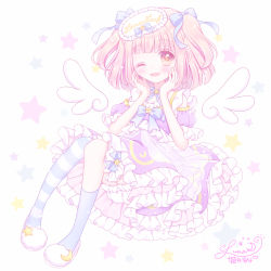 Rule 34 | 1girl, ;d, asymmetrical legwear, bloomers, blue bow, blue ribbon, blue socks, blush, bow, brown eyes, commentary request, commission, detached wings, dress, frilled dress, frills, full body, hair bow, hands up, himetsuki luna, light brown hair, mini wings, neck ribbon, one eye closed, open mouth, original, pigeon-toed, puffy short sleeves, puffy sleeves, purple dress, ribbon, short sleeves, signature, simple background, single sock, single thighhigh, slippers, smile, socks, solo, star (symbol), starry background, striped clothes, striped socks, striped thighhighs, thighhighs, two side up, underwear, uneven legwear, white background, white bloomers, white footwear, white wings, wings