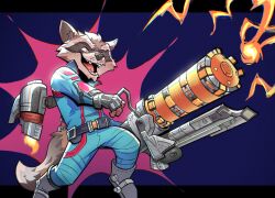 1boy animal_ears commentary english_commentary fangs fingerless_gloves furry furry_male gloves gun highres holding holding_gun holding_weapon jetpack kattoloaf male_focus marvel marvel_rivals open_mouth raccoon_boy raccoon_ears raccoon_tail rocket_raccoon smile tail weapon