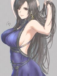 Rule 34 | 1girl, arm behind head, armpits, arms up, bare shoulders, black hair, breasts, brown eyes, closed mouth, dress, earrings, final fantasy, final fantasy vii, final fantasy vii remake, grey background, highres, hoop earrings, jewelry, large areolae, long hair, mitsugu, official alternate costume, parted bangs, purple dress, sideboob, smile, square enix, tifa lockhart, tifa lockhart (refined dress), very long hair, wall market
