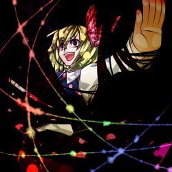 Rule 34 | 1girl, blonde hair, crazy, darkness, discharge cycle, embodiment of scarlet devil, female focus, hair ribbon, open mouth, outstretched arms, outstretched hand, red eyes, ribbon, rumia, short hair, smile, solo, spread arms, tobi (discharge cycle), touhou