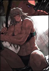 Rule 34 | 1girl, abs, bare pectorals, bra, dorohedoro, hair between eyes, long hair, looking at viewer, muscular, muscular female, navel, noi (dorohedoro), panties, park ongjol, pectorals, rain, solo, stitches, tall female, underwear, wet, white hair